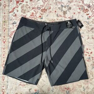 Volcom Men's 38 Quarta Static Mod Board Shorts Swim‎ Trunks Black Grey Striped